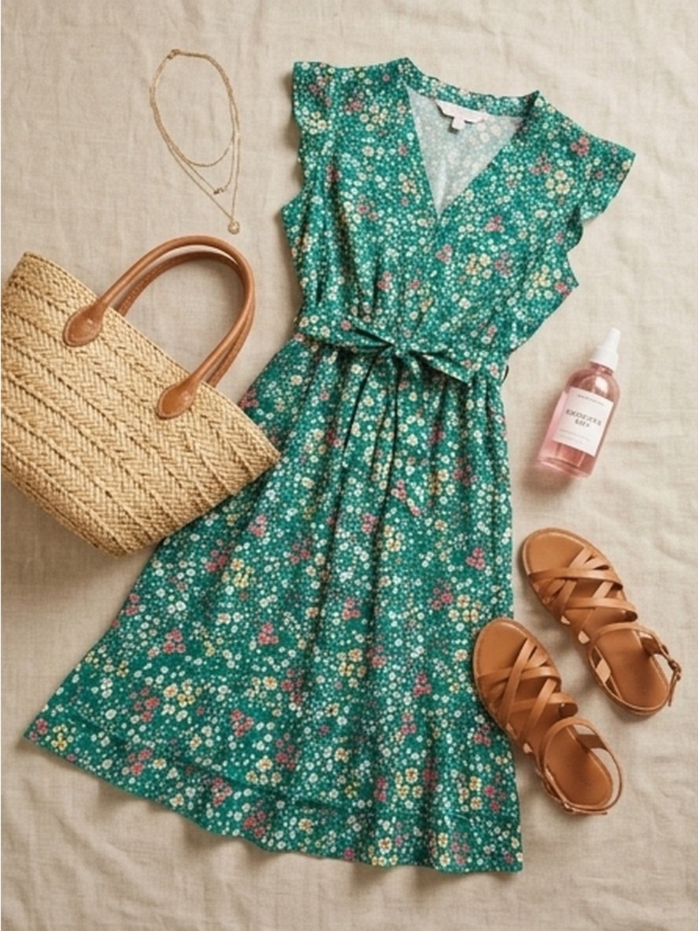 NWT - Apricot Green Floral Midi Dress Size S Ruffle Sleeve Belted